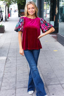Diva Dreams Wine Floral Sequin Puff Sleeve Velvet Holiday Top (Open Pack)