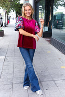 Diva Dreams Wine Floral Sequin Puff Sleeve Velvet Holiday Top (Open Pack)