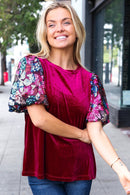 Diva Dreams Wine Floral Sequin Puff Sleeve Velvet Holiday Top (Open Pack)