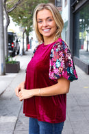 Diva Dreams Wine Floral Sequin Puff Sleeve Velvet Holiday Top (Open Pack)