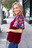 Diva Dreams Wine Floral Sequin Puff Sleeve Velvet Holiday Top (Open Pack)