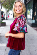 Diva Dreams Wine Floral Sequin Puff Sleeve Velvet Holiday Top (Open Pack)