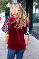 Diva Dreams Wine Floral Sequin Puff Sleeve Velvet Holiday Top (Open Pack)