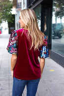 Diva Dreams Wine Floral Sequin Puff Sleeve Velvet Holiday Top (Open Pack)