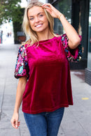 Diva Dreams Wine Floral Sequin Puff Sleeve Velvet Holiday Top (Open Pack)
