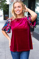 Diva Dreams Wine Floral Sequin Puff Sleeve Velvet Holiday Top (Open Pack)