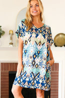 You Got This Blue & Sage Boho V Neck Cuffed Dolman Sleeve Dress (Open Pack)