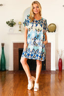 You Got This Blue & Sage Boho V Neck Cuffed Dolman Sleeve Dress (Open Pack)