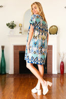 You Got This Blue & Sage Boho V Neck Cuffed Dolman Sleeve Dress (Open Pack)