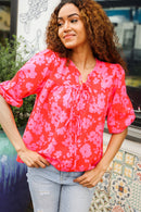 New Day Red Ribbon Bow Detail Floral Woven Blouse (Open Pack)