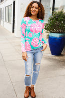 Find Love Aqua/Pink Fitted Floral Print Buttery Soft Knit Top (Open Pack)