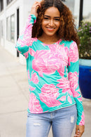 Find Love Aqua/Pink Fitted Floral Print Buttery Soft Knit Top (Open Pack)