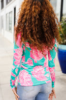 Find Love Aqua/Pink Fitted Floral Print Buttery Soft Knit Top (Open Pack)