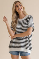 PLUS DOLMAN SHORT SLEEVE STRIPE SWEATER KNIT TOP