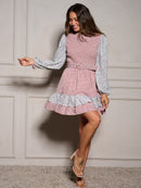 WOMEN'S LONG SLEEVE BELTED TIERED FLORAL SMOCK MINI DRESS