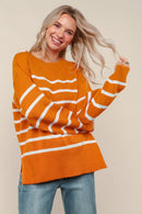 Plus Rust Loose Fit Pullover Stripe Sweater