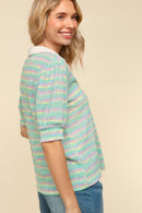 COLLARED NOTCH NECK MULTICOLOR STRIPE TOP