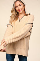 Oatmeal NotchedNeck Loose Fit Oversized Pullover Sweater