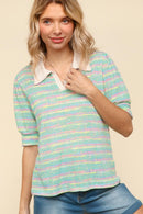 COLLARED NOTCH NECK MULTICOLOR STRIPE TOP
