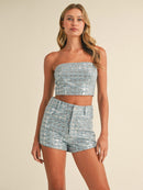 WOMEN'S SLEEVELESS CROP TOP & BUTTON CLOSURE MINI SHORTS SEQUINS 2PC. SET