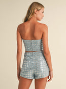 WOMEN'S SLEEVELESS CROP TOP & BUTTON CLOSURE MINI SHORTS SEQUINS 2PC. SET