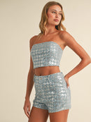 WOMEN'S SLEEVELESS CROP TOP & BUTTON CLOSURE MINI SHORTS SEQUINS 2PC. SET