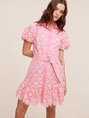 WOMEN'S SHORT PUFF SLEEVE BUTTON UP EYELET MINI DRESS