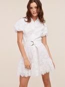 WOMEN'S SHORT PUFF SLEEVE BUTTON UP EYELET MINI DRESS