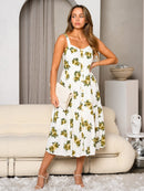 WOMEN'S SLEEVELESS OVERALL BUTTON DOWN FLORAL MIDI DRESS