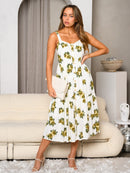 WOMEN'S SLEEVELESS OVERALL BUTTON DOWN FLORAL MIDI DRESS
