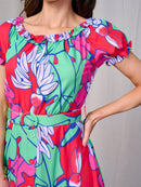WOMEN'S SHORT SLEEVES RUFFLE TIERED BELTED MULTI PRINT MAXI DRESS