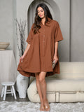 WOMEN'S SHORT SLEEVE BUTTON UP COLLAR TUNIC MINI DRESS