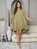WOMEN'S SHORT SLEEVE BUTTON UP COLLAR TUNIC MINI DRESS