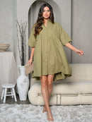 WOMEN'S SHORT SLEEVE BUTTON UP COLLAR TUNIC MINI DRESS