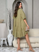 WOMEN'S SHORT SLEEVE BUTTON UP COLLAR TUNIC MINI DRESS