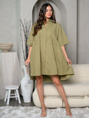 WOMEN'S SHORT SLEEVE BUTTON UP COLLAR TUNIC MINI DRESS