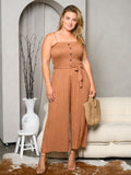 PLUS SIZE SLEEVELESS SMOCK SELF TIE JUMPSUIT