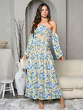 WOMEN'S COLD SHOULDER HALTER NECK FLORAL MAXI DRESS