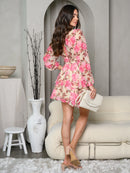 WOMEN'S LONG SLEEVE V-NECK RUFFLE FLORAL MINI DRESS