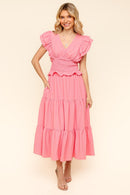 FLUTTER DOUBLE SHORT SLEEVE WOVEN MAXI DRESS