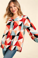 SMOCKED BUBBLE LONG SLEEVE GEOMETRIC WOVEN