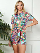 WOMEN'S SHORT SLEEVE BUTTON UP POCKETS MULTI PRINT ROMPER