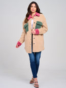 WOMEN'S LONG SLEEVE BUTTON CLOSURE FRONT POCKETS COLORBLOCK SHERPA JACKET