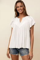 PLUS NOTCH NECK RAGLAN FLUTTER SHIRRED YOKE BLOUSE