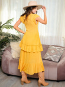 WOMEN'S SHORT SLEEVES RUFFLE MIDI DRESS