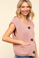 GOLD BUTTON DOWN CHUNKY SWEATER VEST W/POCKET