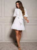 WOMEN'S SHORT SLEEVE OPEN BACK RUFFLE SWISS DOTS MINI DRESS