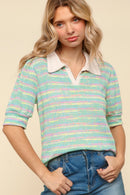 COLLARED NOTCH NECK MULTICOLOR STRIPE TOP
