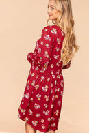 WINE FLORAL LONG SLEEVE BABYDOLL SWING DRESS