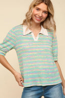 COLLARED NOTCH NECK MULTICOLOR STRIPE TOP